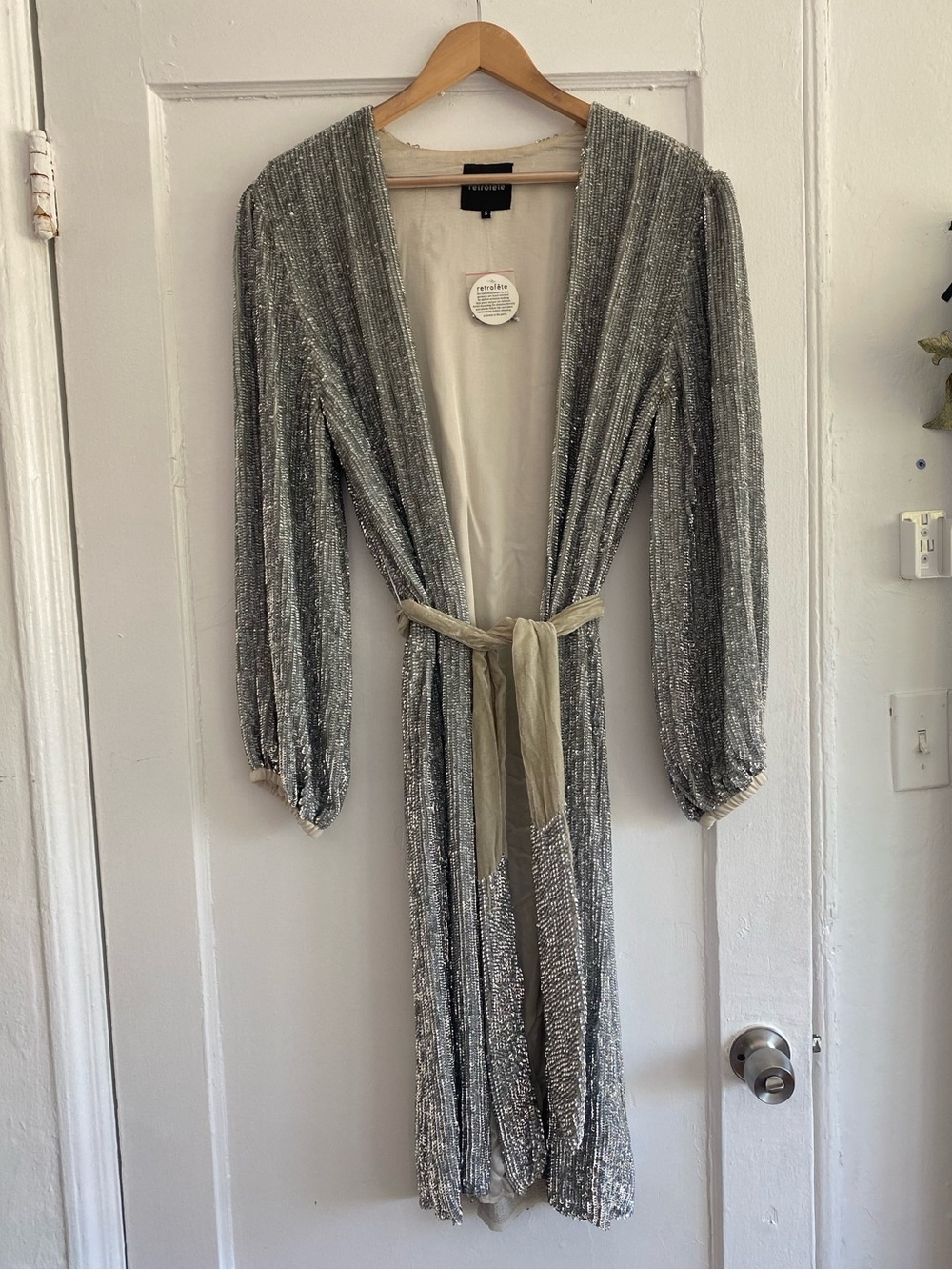 Retrofete Silver Sequined Belted Duster Coat
